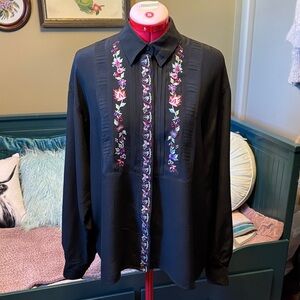 Vintage black floral Embroidered 100% silk blouse with pleated detail